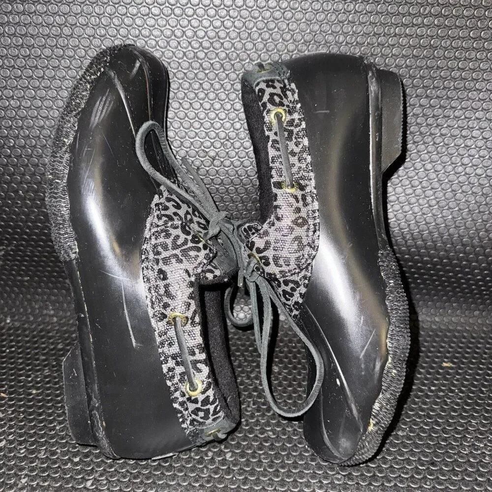 Sperry Saltwater 1-Eye Cozy Rain Duck Boot Black Cheetah Print Shoe Women Size 8